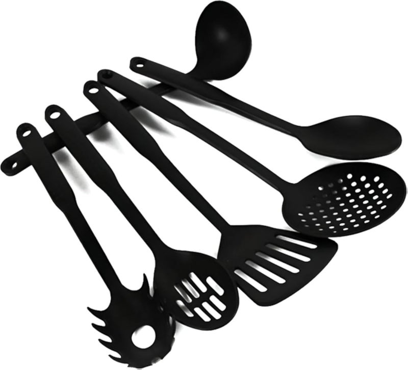 Cooking Essentials - Elevate your culinary skills with a set of 6 durable plastic kitchen tools, featuring a rice spoon, ladle, slotted spoon, flat spoon, and tongs for every need.