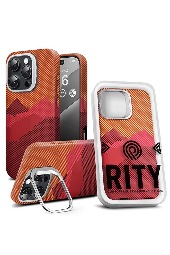 ريتي غطاء هاتف لايفون 16 برو, فاخر بنقشة كيفلار وحامل مدمج خلف الكاميرا ودعم الشحن اللاسلكي MagSafe – تصميم متين وحماية متكاملة - Image 1