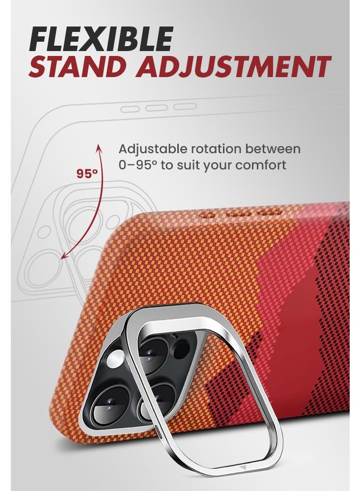 ريتي غطاء هاتف لايفون 16 برو, فاخر بنقشة كيفلار وحامل مدمج خلف الكاميرا ودعم الشحن اللاسلكي MagSafe – تصميم متين وحماية متكاملة - Image 3