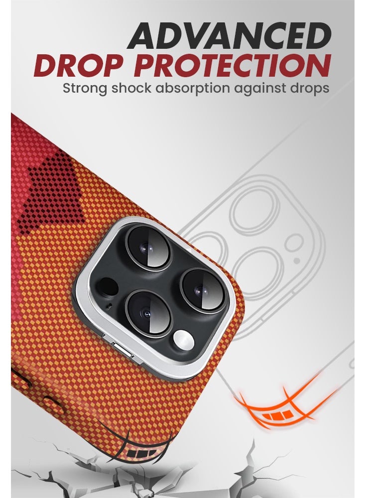 ريتي غطاء هاتف لايفون 16 برو, فاخر بنقشة كيفلار وحامل مدمج خلف الكاميرا ودعم الشحن اللاسلكي MagSafe – تصميم متين وحماية متكاملة - Image 4