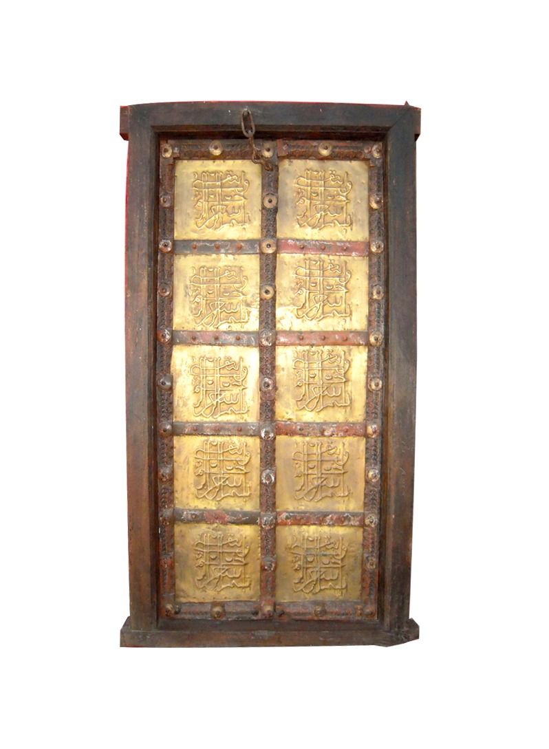 Antique Museum Handmade Vintage Wooden Door with Arabic Writing and Brass Work, 97x165cm - Image 1