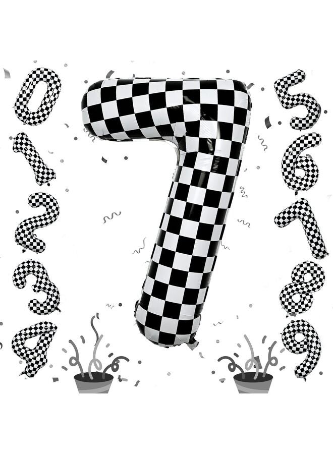40 Inch Checkered Number Balloon, Black and White Race Car Foil Balloon with Self-Sealing Valve, Helium Optional Large Number Balloon for Birthday, Racing Theme Party Decorations (7) - Image 1