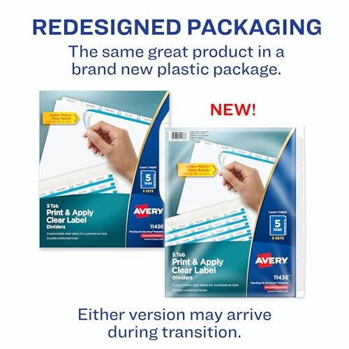 Avery 5 Tab Dividers for 3 Ring Binder, Easy Print & Apply Clear Label Strip, Index Maker Customizable White Tabs, 10-Pack of 5 Sets, 50 Sets Total (11436) - Image 2