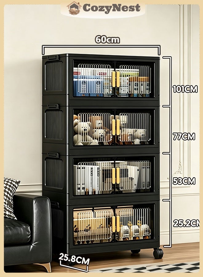 CozyNest 4-Tier 60cm Wide  Foldable Storage Multifunctional Double Door Installation Free Storage Bins Cabinet with Wheels Freestanding Stackable Drawer Cabinet for Home,Office,Bedroom,Living Room,Study - Image 1