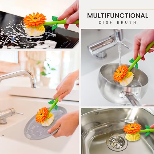 Vigar Flower Power Dish Brush with Handle and Vase Dish Brush Holder, Kitchen Scrub Brush for Pot Scrubber, Dishes, and Sink Cleaning, Orange, Green - Image 5