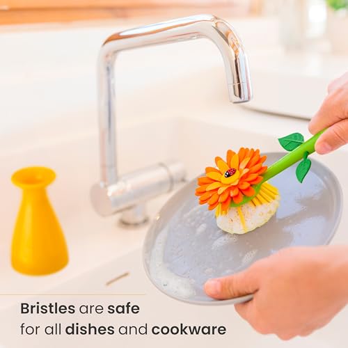 Vigar Flower Power Dish Brush with Handle and Vase Dish Brush Holder, Kitchen Scrub Brush for Pot Scrubber, Dishes, and Sink Cleaning, Orange, Green - Image 4