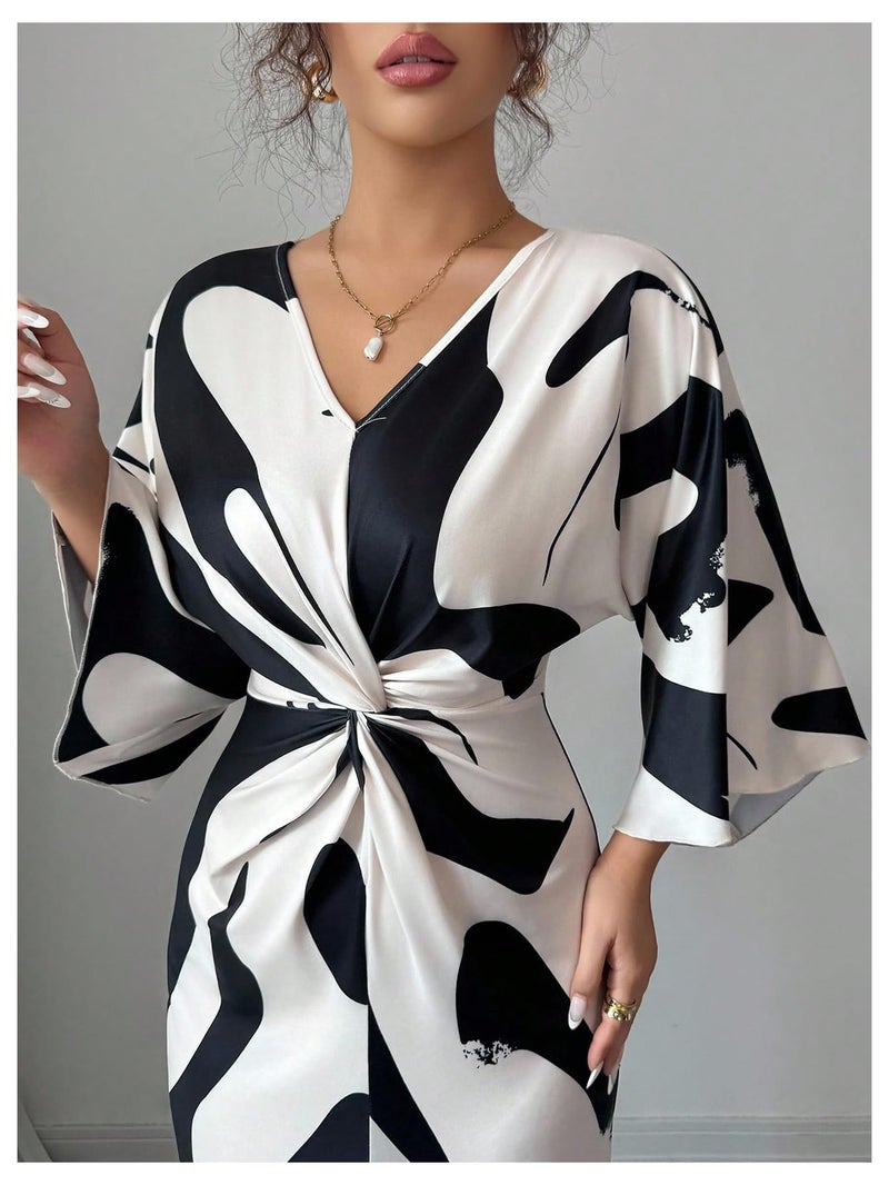 SweatyRocks Women's Twist Front V Neck Cow Print Long Dress Elegant 3/4 Ruffle Sleeve Cocktail Dresses Black and White Medium - Image 3