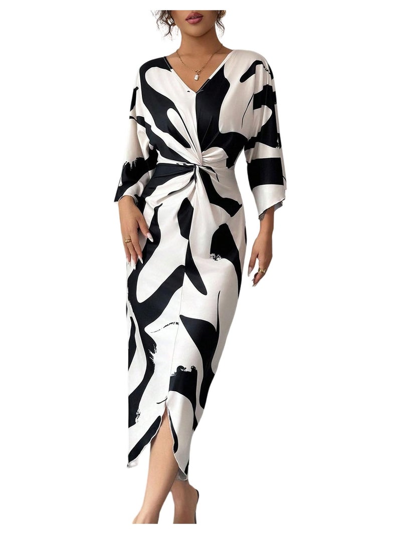 SweatyRocks Women's Twist Front V Neck Cow Print Long Dress Elegant 3/4 Ruffle Sleeve Cocktail Dresses Black and White Medium - Image 1