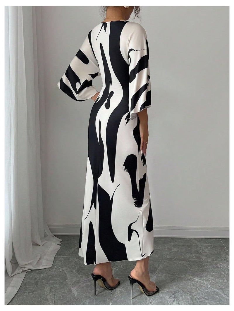 SweatyRocks Women's Twist Front V Neck Cow Print Long Dress Elegant 3/4 Ruffle Sleeve Cocktail Dresses Black and White Medium - Image 2