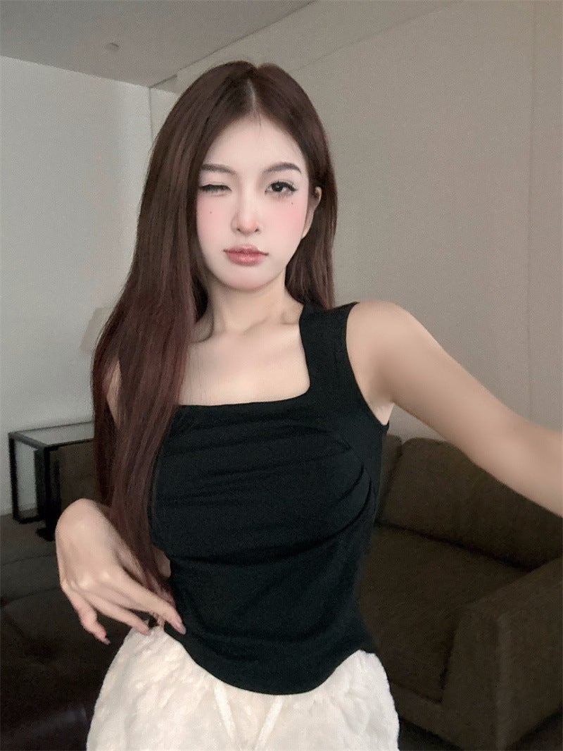 Summer American Style Girl Pleated Square Collar Sleeveless Top Short Pure Tight Outer Wear Base Vintage Tank T-Shirt - Image 5