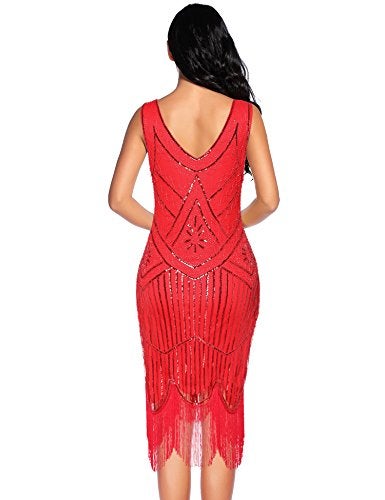 NeeMee Plus Size 1920s Vintage Fringed Gatsby Sequin Beaded Tassels Hem Flapper Dress for Women (Red, Small) - Image 4