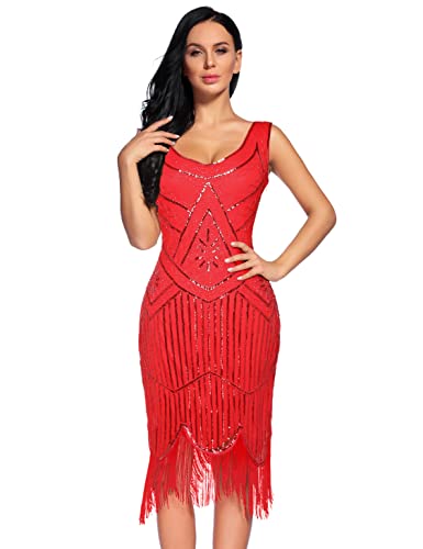 NeeMee Plus Size 1920s Vintage Fringed Gatsby Sequin Beaded Tassels Hem Flapper Dress for Women (Red, Small) - Image 2