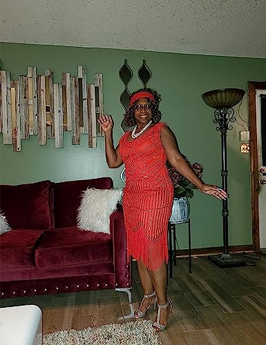 NeeMee Plus Size 1920s Vintage Fringed Gatsby Sequin Beaded Tassels Hem Flapper Dress for Women (Red, Small) - Image 3