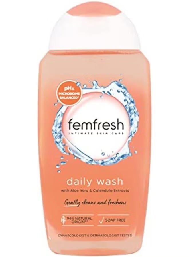 غسول يومي للمناطق الحساسة من فيم فريش للعناية اليومية - جل استحمام ومنظّف للنظافة الأنثوية - تركيبة جل متوازنة الحموضة وخالية من الصابون مع خلاصة الصبار الطبيعي والآذريون - 250 مل، غسول للمناطق الحساسة