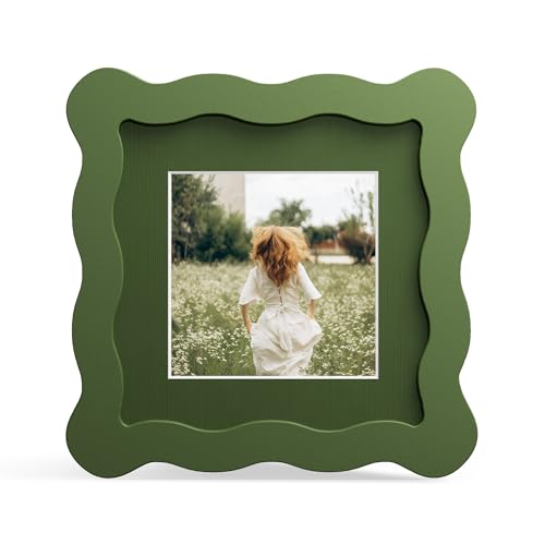 THKRLOF 4x4 Picture Frame with Mat for 3x3, Wavy Edge Wooden Real Glass Photo Frame for Tabletop and Wall Hanging, Green, 1 Pack - Image 1