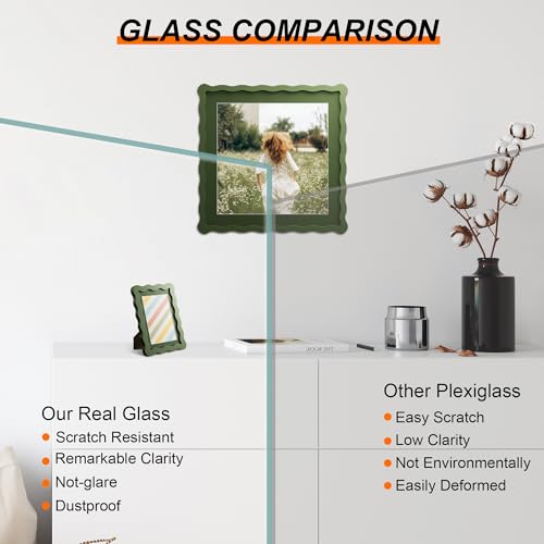 THKRLOF 4x4 Picture Frame with Mat for 3x3, Wavy Edge Wooden Real Glass Photo Frame for Tabletop and Wall Hanging, Green, 1 Pack - Image 2