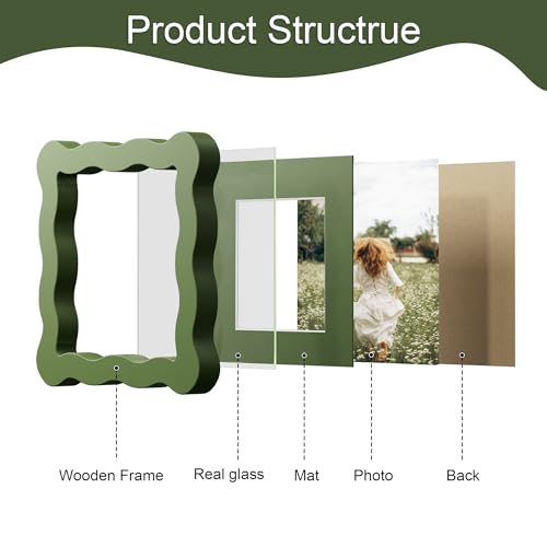 THKRLOF 4x4 Picture Frame with Mat for 3x3, Wavy Edge Wooden Real Glass Photo Frame for Tabletop and Wall Hanging, Green, 1 Pack - Image 5