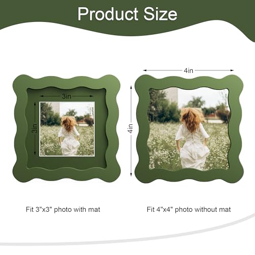 THKRLOF 4x4 Picture Frame with Mat for 3x3, Wavy Edge Wooden Real Glass Photo Frame for Tabletop and Wall Hanging, Green, 1 Pack - Image 3