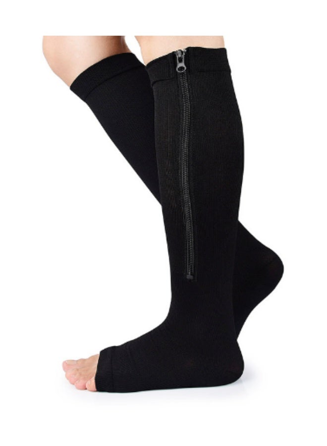 جوارب للركبة مع سحاب، تصميم مفتوح من الأمام （أسود-أس-م） - Image 1