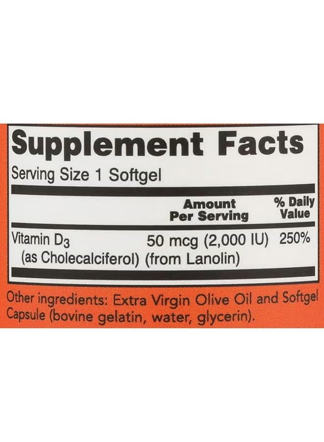 now High Protency Vitamin D-3 2000 IU Dietary Supplement - 120 Softgels - Image 5