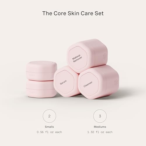 Cadence Travel Containers Core Skincare Set Magnetic Containers with Lids2 Small 056oz 3 Medium 132oz Cleanser Moisturizer Serum Makeup Remover Sun Icon Labels Petal - Image 3