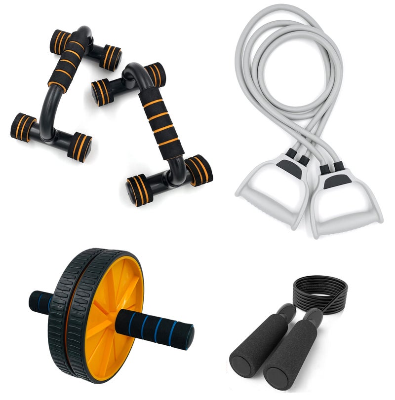 Livox Plastic Double Toning Resistance Tube Band And Ab Wheel Roller With Push Up Bar, Skipping Rope Combo For Men And Women Gym Equipment Set For Home Workout - Image 1