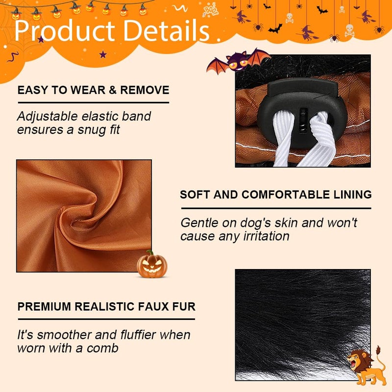 Vivifying Lion Mane (Black) for Medium & Large Dogs - Adjustable Pet Costume with Faux Fur, 13.77in x 14.5in, Up to 27.55in Neck Girth, Halloween Dog Accessory - Image 2