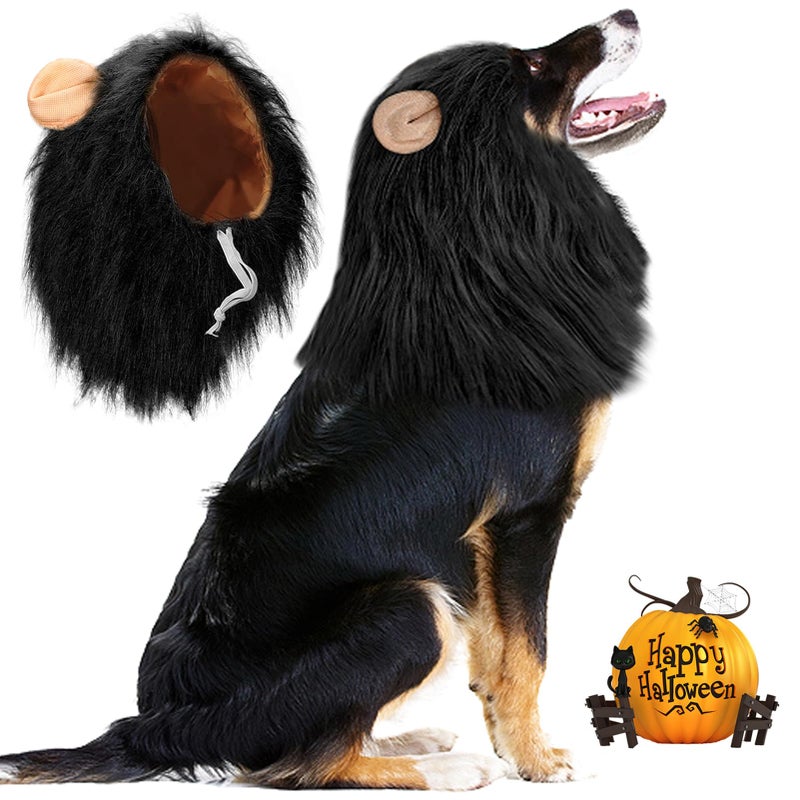 Vivifying Lion Mane (Black) for Medium & Large Dogs - Adjustable Pet Costume with Faux Fur, 13.77in x 14.5in, Up to 27.55in Neck Girth, Halloween Dog Accessory - Image 1