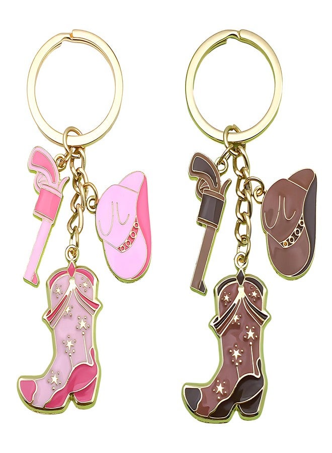BharatBazaar 2PCS Keychain for Girls Cute, Western Cowboy Hat Keyring Aesthetic, Pink and Brown Bag Charms, Metal Keychain for Car Keys, Phone Keychains, Aesthetic Accessories - Image 1