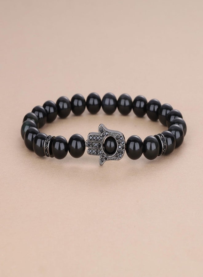 COAI Black Obsidian Bracelet for Men Women, Hand of Hamsa Beaded Bracelet for Men Women 6.5" - Image 4