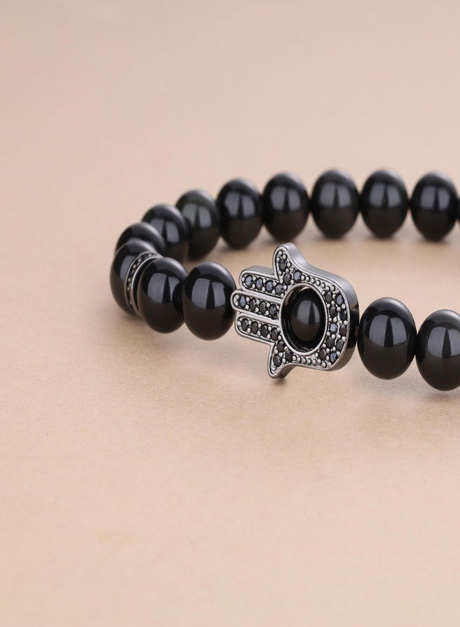 COAI Black Obsidian Bracelet for Men Women, Hand of Hamsa Beaded Bracelet for Men Women 6.5" - Image 5