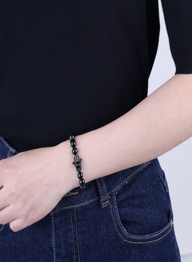 COAI Black Obsidian Bracelet for Men Women, Hand of Hamsa Beaded Bracelet for Men Women 6.5" - Image 3