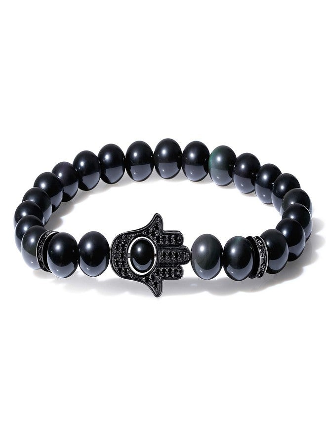 COAI Black Obsidian Bracelet for Men Women, Hand of Hamsa Beaded Bracelet for Men Women 6.5" - Image 1