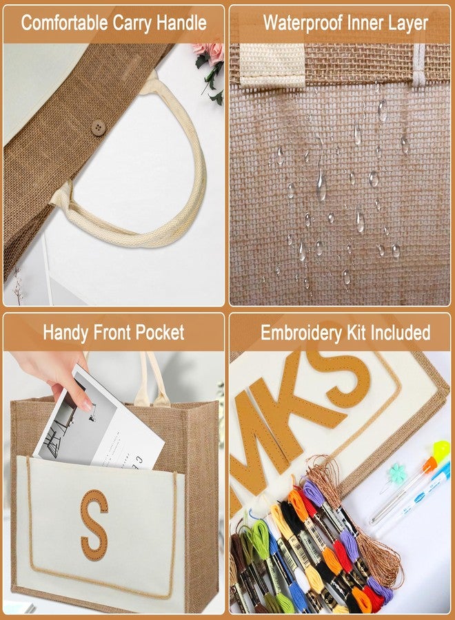 جيوفا حقيبة قماشية قابلة للتخصيص مع طقم تطريز، حقيبة متينة من الجوت مع جيب أمامي وبطانة مقاومة للماء، حقيبة هدايا قابلة للتخصيص للنساء، للاستخدام اليومي، الشاطئ، العمل، البقالة (أ) - Image 5