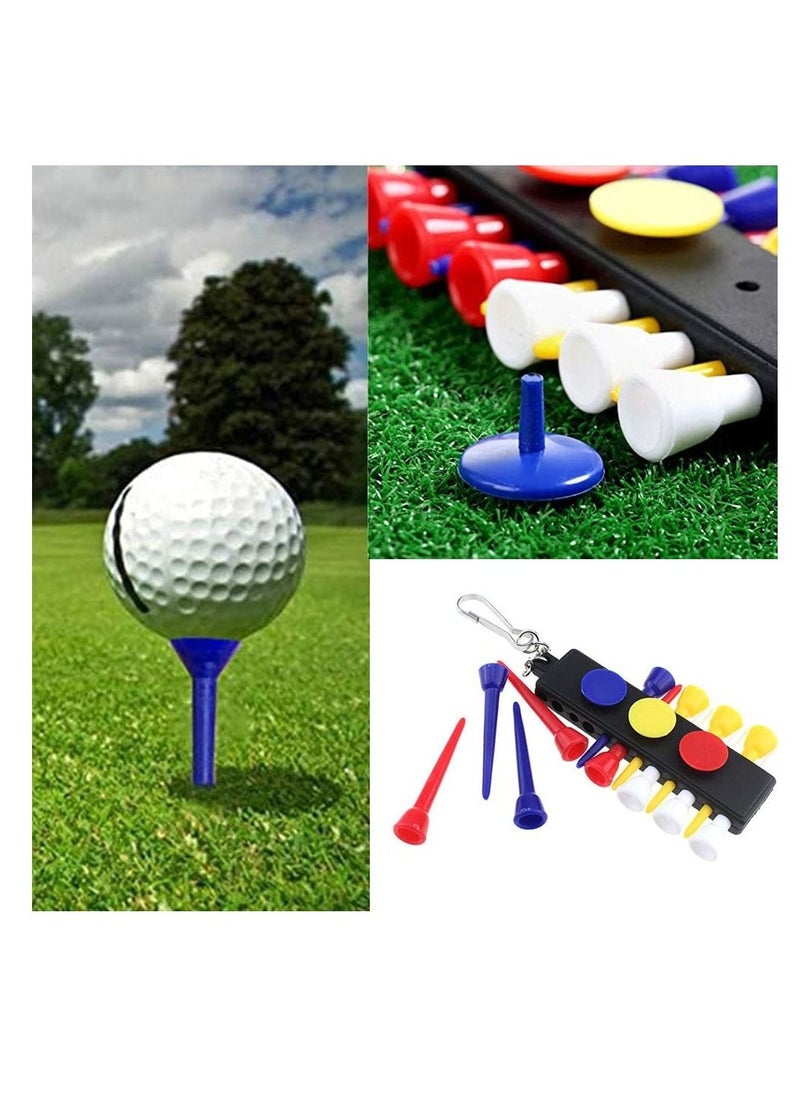 Golf Tees, Golf Tee Holder with 12 Golf Tees 3 Golf Ball Markers, Durable Plastic Step-UP Tees, 55mm Long with Keychain Golf Tee Holder, for Putting Driving Hitting Swing Training