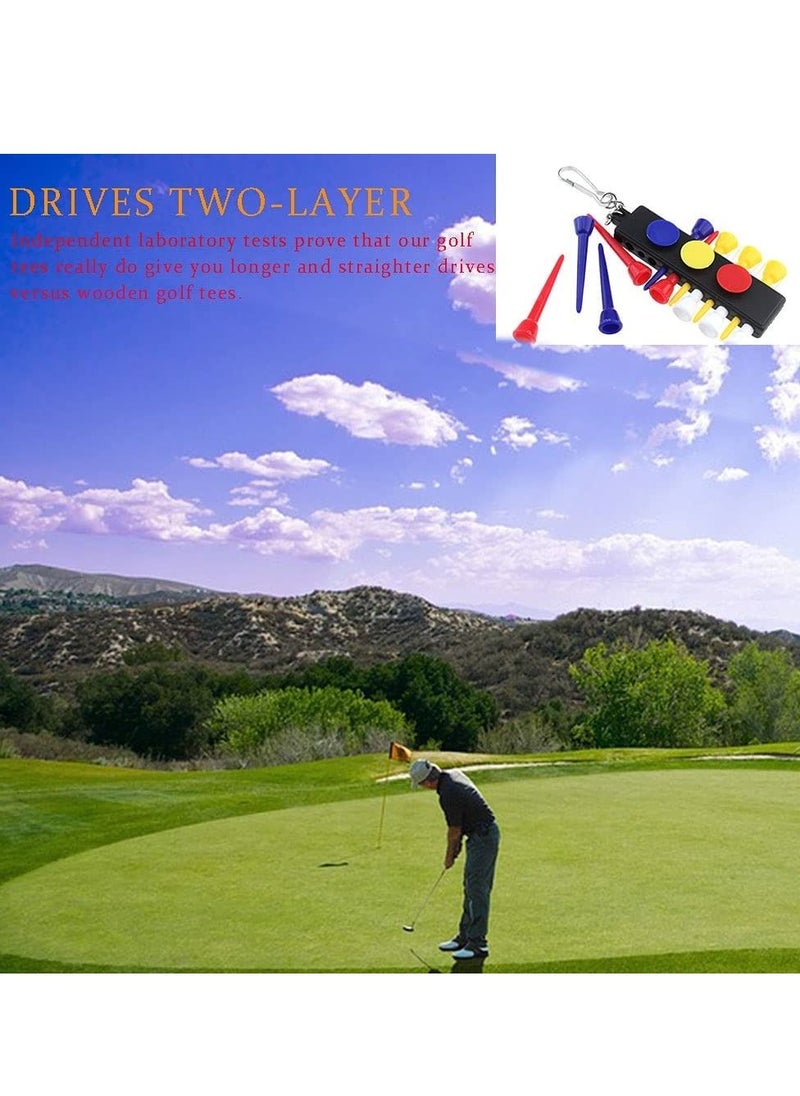 Golf Tees, Golf Tee Holder with 12 Golf Tees 3 Golf Ball Markers, Durable Plastic Step-UP Tees, 55mm Long with Keychain Golf Tee Holder, for Putting Driving Hitting Swing Training