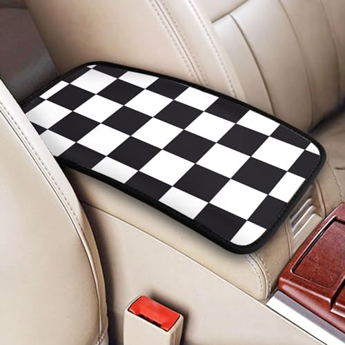 THOEWONG Black White Race Checkered Flag Calibration Chess Grid Auto Center Console Cover Pad Car Armrest Seat Box Cover Cushion Universal for Most Vehicle SUV Truck Car Accessories Decor - Image 1