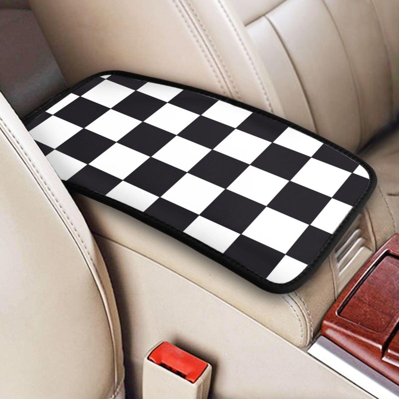 THOEWONG Black White Race Checkered Flag Calibration Chess Grid Auto Center Console Cover Pad Car Armrest Seat Box Cover Cushion Universal for Most Vehicle SUV Truck Car Accessories Decor - Image 3