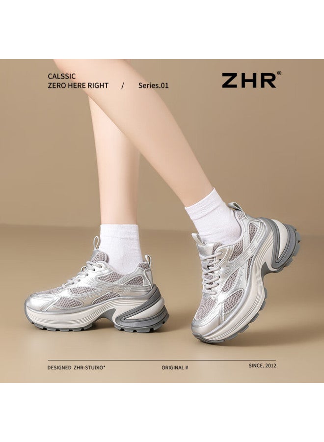 ZHR أحذية والدات للنساء - أحذية رياضية سميكة القاعدة مقاومة للاهتراء مريحة لزيادة الطول خفيفة الوزن للأماكن الخارجية - Qt18 فضي 35 - Image 3