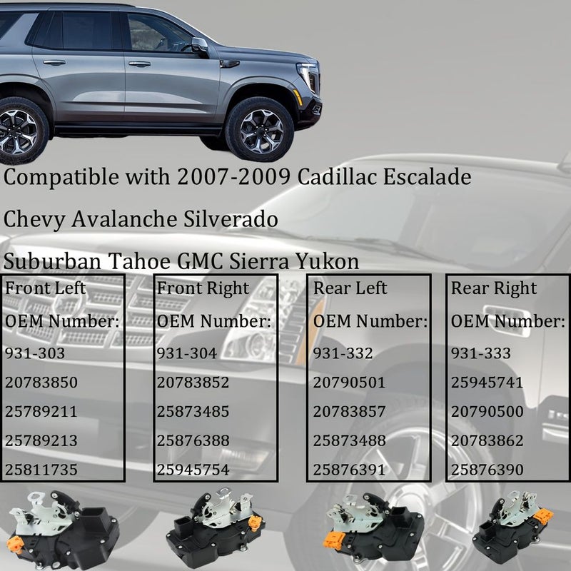 Front Rear Left Right Door Lock Actuator Compatible With Tahoe Avalanche Silverado Suburban GMC 1500 2007-2009 Car Replacement Driver Passenger Side Door Latch 931303 931304 931332 931333 - Image 3
