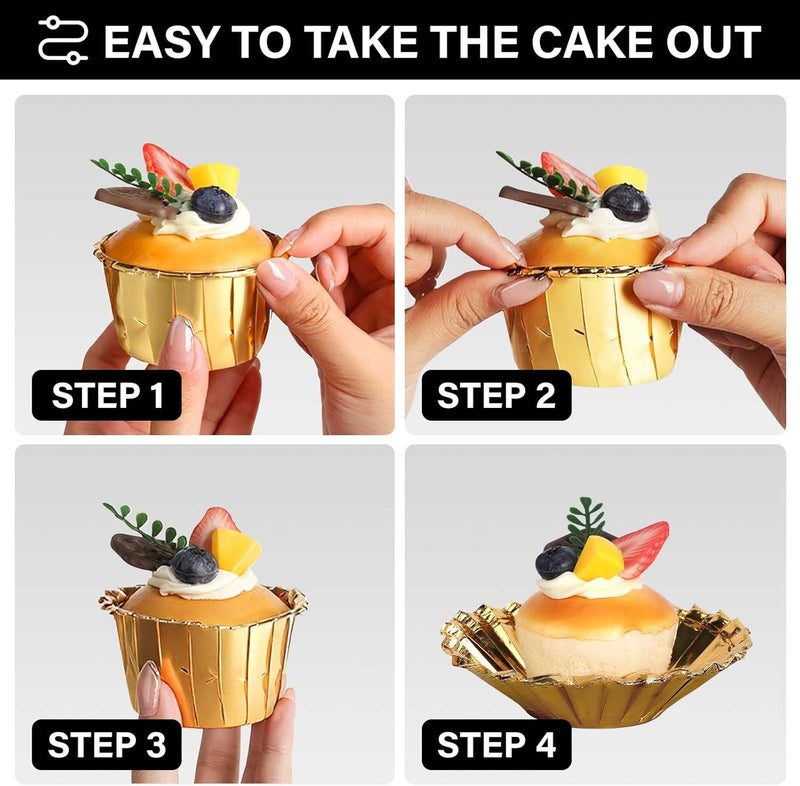 EUSOAR أكواب كعك ذهبية، 3.5 أونصة 50 قطعة أكواب مافن قابلة للتخلص منها، أكواب خبز كعك ذهبية، أكواب ألومنيوم لحلويات الكعك، حوامل أكواب صغيرة، أكواب خبز صغيرة - Image 4