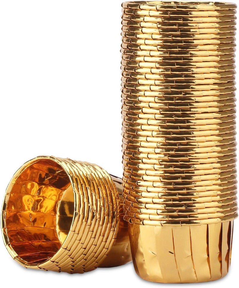 EUSOAR أكواب كعك ذهبية، 3.5 أونصة 50 قطعة أكواب مافن قابلة للتخلص منها، أكواب خبز كعك ذهبية، أكواب ألومنيوم لحلويات الكعك، حوامل أكواب صغيرة، أكواب خبز صغيرة - Image 1