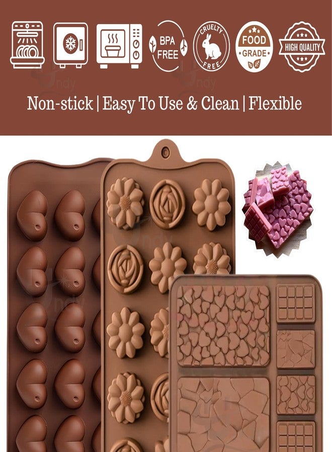 Undy 3 Pcs Heart Flower Break-Apart Chocolate Mould for Chocolate Making Silicone Mold for Chocolates Jelly Ice Cubes Wax Melts Cake Decoration Flexible Reusable DIY Tools, 39 Cavities, Brown - Image 3