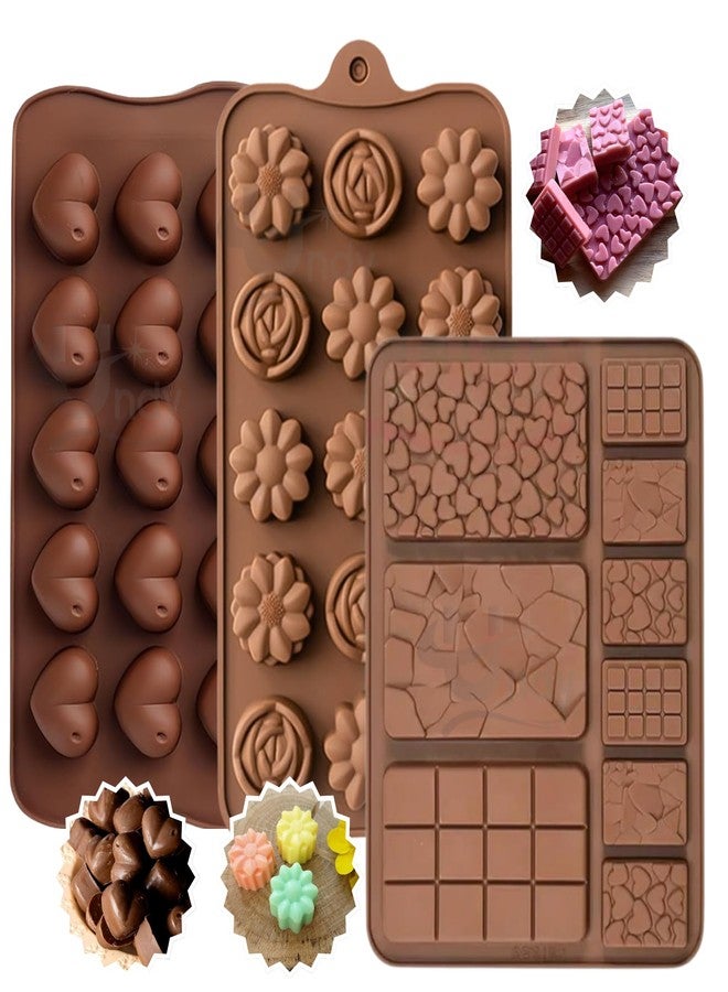 Undy 3 Pcs Heart Flower Break-Apart Chocolate Mould for Chocolate Making Silicone Mold for Chocolates Jelly Ice Cubes Wax Melts Cake Decoration Flexible Reusable DIY Tools, 39 Cavities, Brown - Image 1