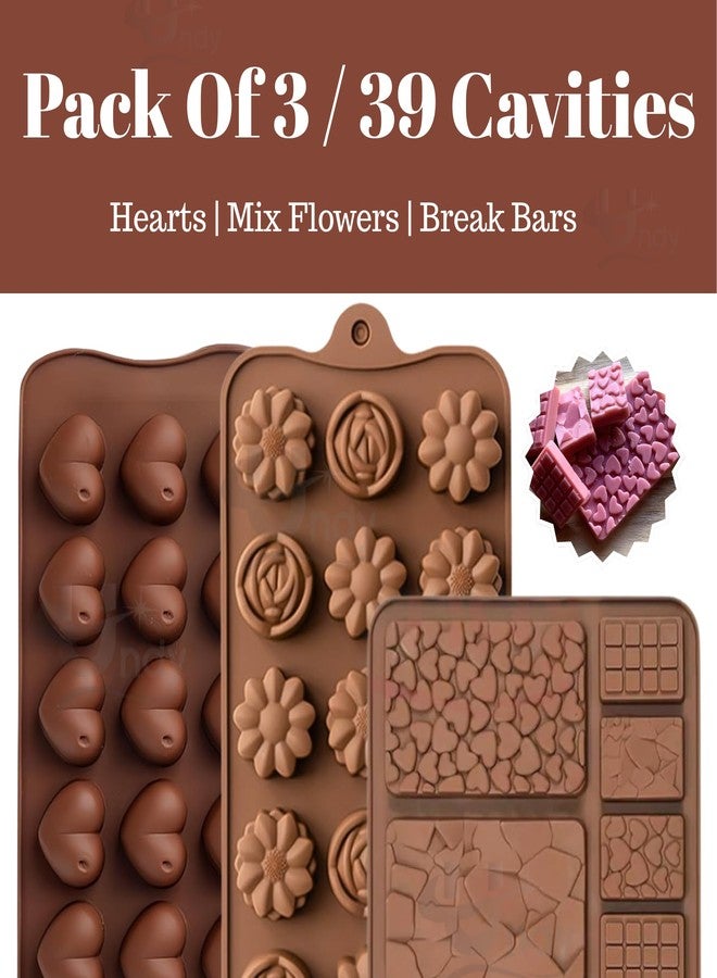 Undy 3 Pcs Heart Flower Break-Apart Chocolate Mould for Chocolate Making Silicone Mold for Chocolates Jelly Ice Cubes Wax Melts Cake Decoration Flexible Reusable DIY Tools, 39 Cavities, Brown - Image 2