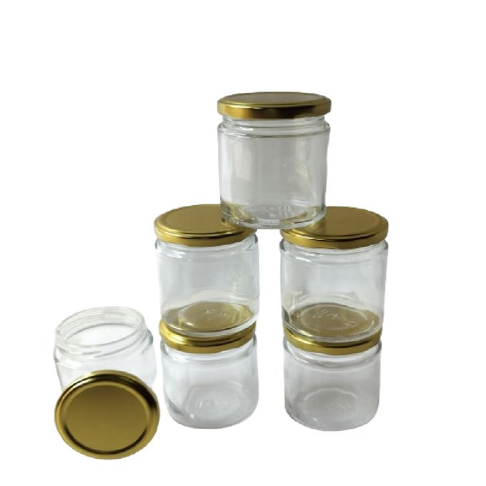 GLASS SMALL CONTAINERS SET OF 6 AIRTIGHT MASALA AND SPICESDRY FRUITS STORAGE JARS FOR REFRIGERATOR ROUND SHAPE BOTTLE FOR KITCHEN STORAGE 200 ML GOLDEN 6 TRANSPARENT