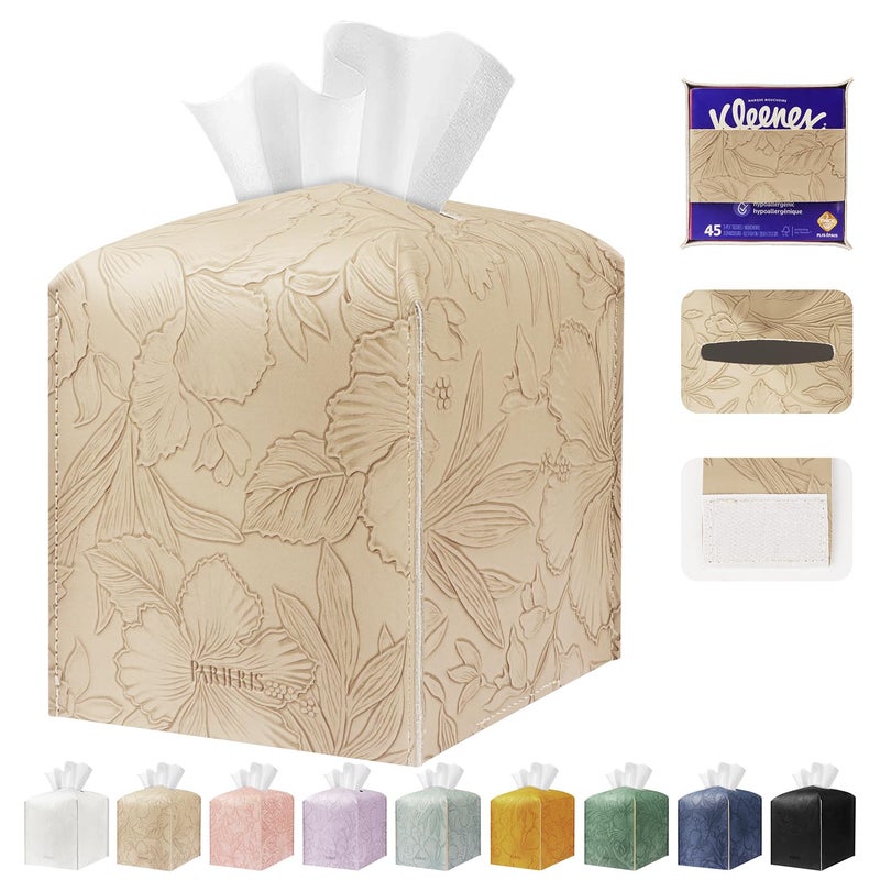 PARIERIS Tissue Box Holder Cover Square Tissue Cube Cover PU Leather Tissue Organizer with Bottom Belt for Bathroom, Tabletop, Kitchen, Night Stands, Office, Home, Car (1, SoftBeige) - Image 1