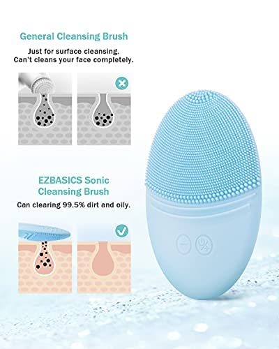 EZBASICS Facial Cleansing Brush, Waterproof Sonic Vibrating Face Brush for Deep Cleansing, Gentle Exfoliating and Massaging, Inductive charging (Blue) - Image 3