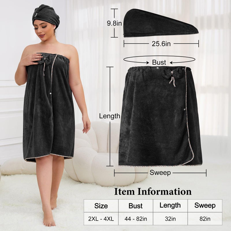 GOSCHE Towel Wrap for Women Plus Size (XXL-XXXXL) with Hair Towel Wrap  Spa Shower Wrap Towel  Adjustable Closure Bath Wrap Oversized Towel  Black - Image 1