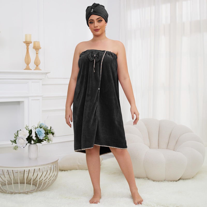 GOSCHE Towel Wrap for Women Plus Size (XXL-XXXXL) with Hair Towel Wrap  Spa Shower Wrap Towel  Adjustable Closure Bath Wrap Oversized Towel  Black - Image 2